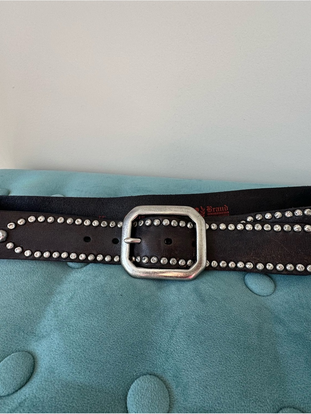 Lucky Brand Black Leather Studded Belt with Chunky Silver Buckle